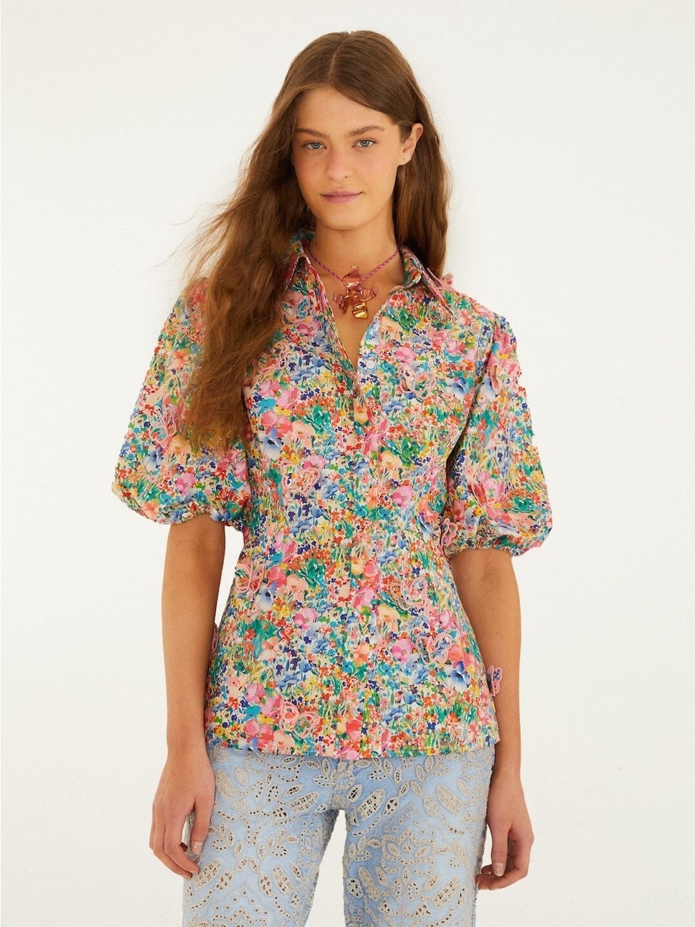 Farm Rio Off-White Peasant Floral Butterflies Blouse